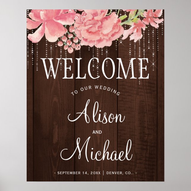 String lights floral blush wedding welcome sign (Front)