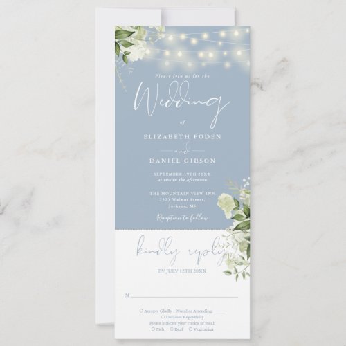 String Lights Floral Dusty Blue All In One Wedding Invitation