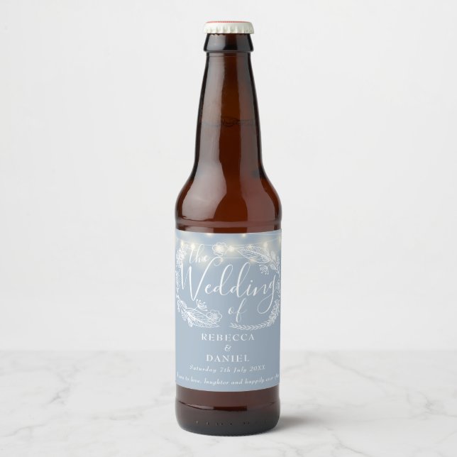 String Lights Floral Dusty Blue Wedding Beer Bottle Label (Front)