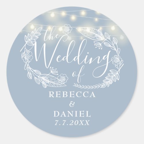 String Lights Floral Dusty Blue Wedding Classic Round Sticker
