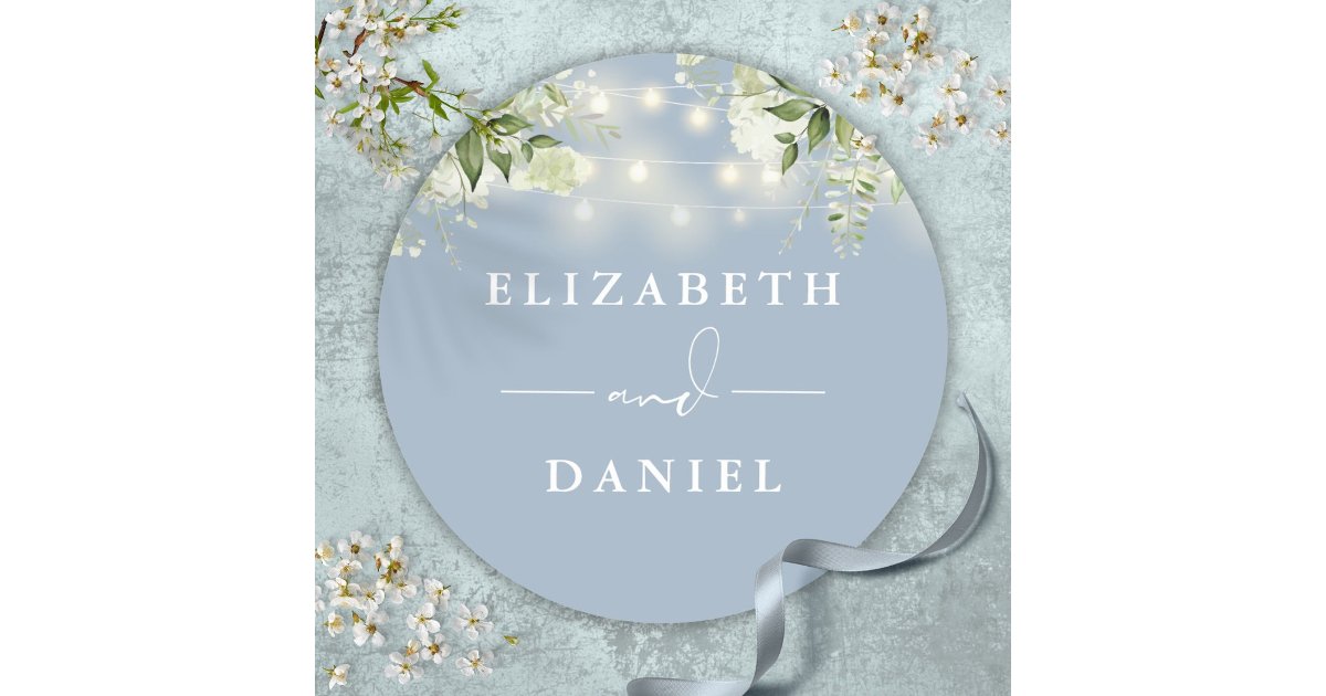 String Lights Floral Dusty Blue Wedding Favor Classic Round Sticker ...