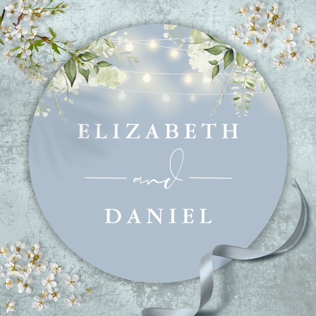 String Lights Floral Dusty Blue Wedding Favor Classic Round Sticker (String Lights Floral Dusty Blue Wedding Favor Classic Round Sticker)
