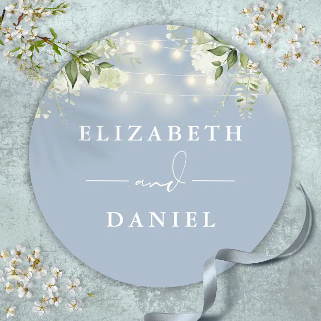 String Lights Floral Dusty Blue Wedding Favor Classic Round Sticker ...