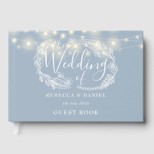 String Lights Floral Dusty Blue Wedding Guest Book (Front)