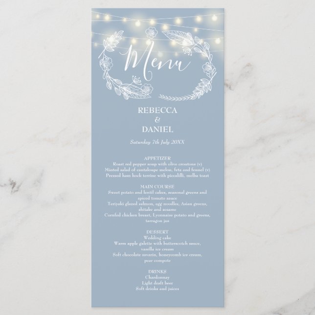 String Lights Floral Dusty Blue Wedding Menu (Front)