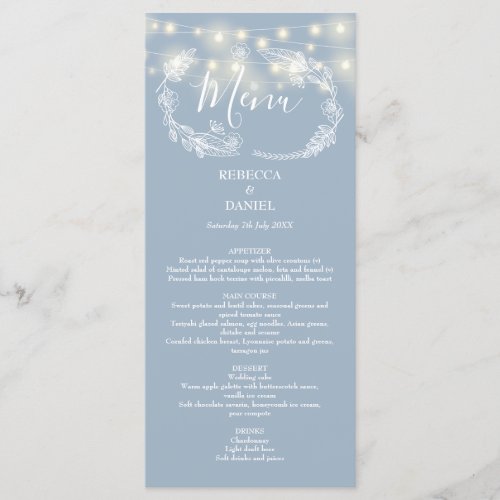 String Lights Floral Dusty Blue Wedding Menu