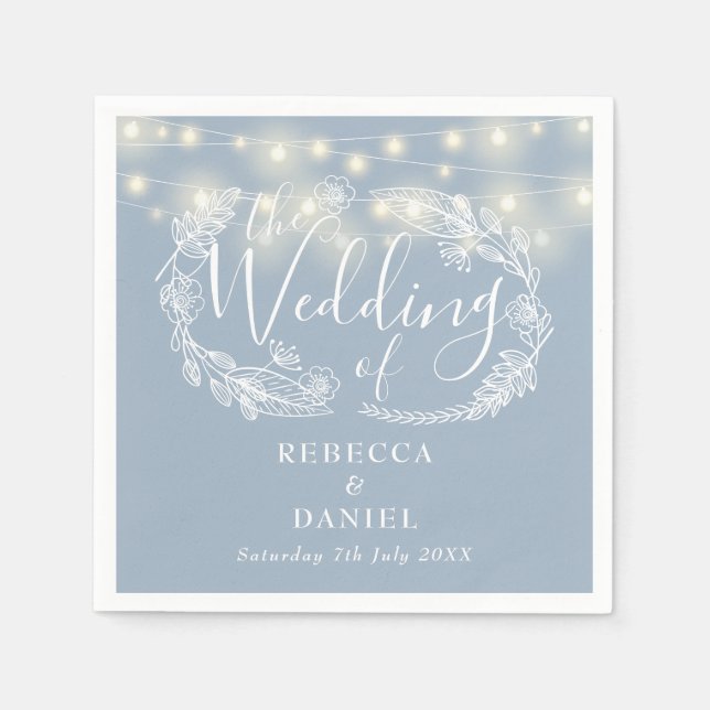 String Lights Floral Dusty Blue Wedding Napkins (Front)