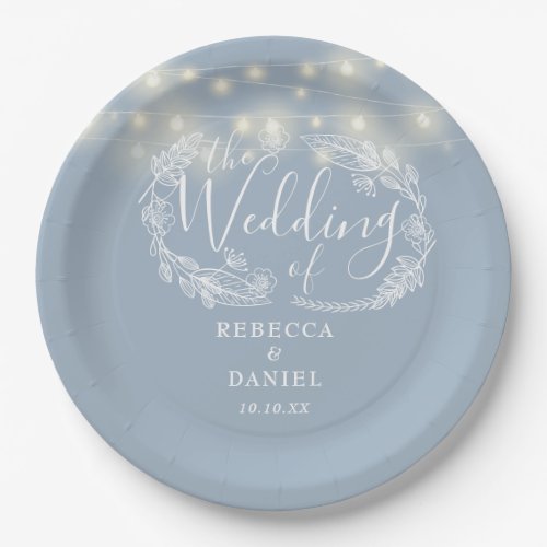 String Lights Floral Dusty Blue Wedding Paper Plates