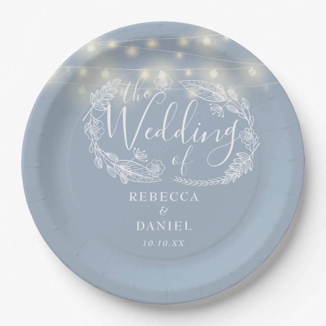 String Lights Floral Dusty Blue Wedding Paper Plates (Front)