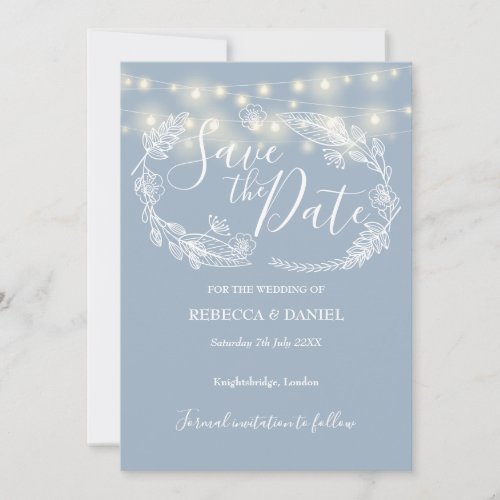 String Lights Floral Dusty Blue Wedding Save The Date