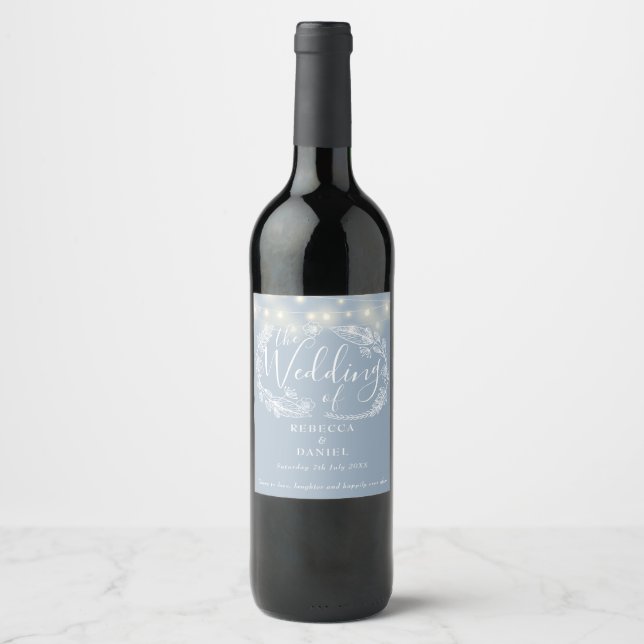 String Lights Floral Dusty Blue Wedding Wine Label (Front)