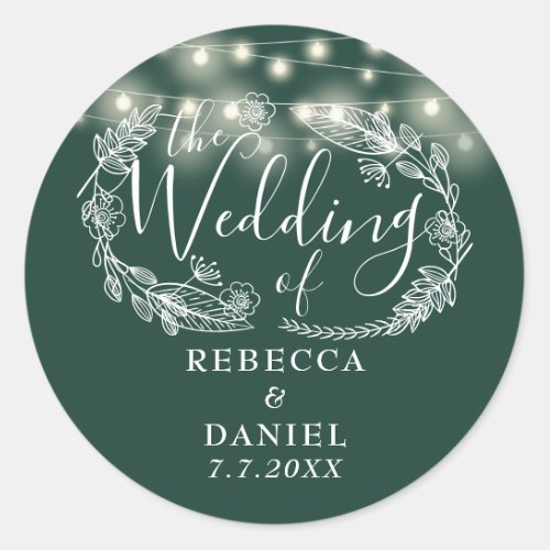 String Lights Floral Emerald Green Wedding Classic Round Sticker