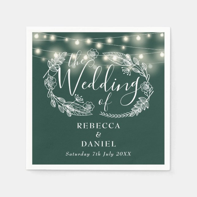 String Lights Floral Emerald Green Wedding Napkins (Front)