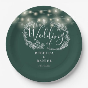 String Lights Floral Emerald Green Wedding Paper Plates