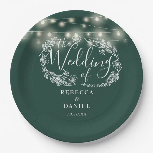 String Lights Floral Emerald Green Wedding Paper Plates (Front)