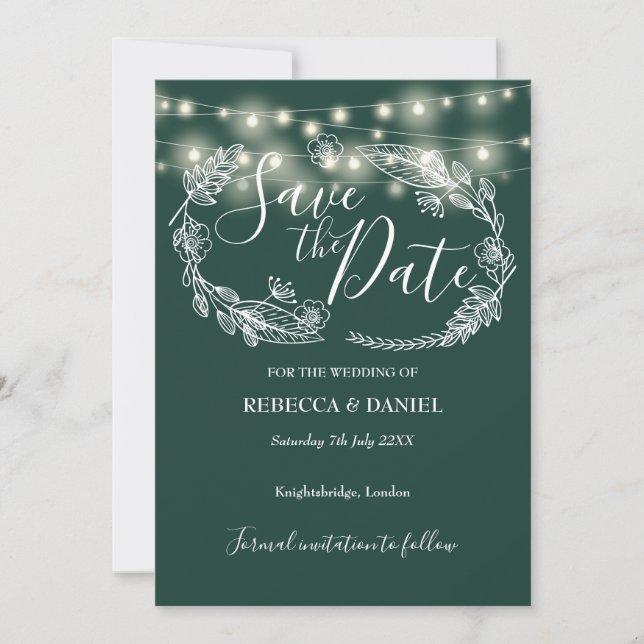 String Lights Floral Emerald Green Wedding Save The Date (Front)