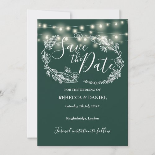 String Lights Floral Emerald Green Wedding Save The Date