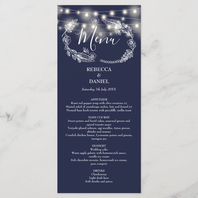 String Lights Floral Navy Blue Wedding Menu (Front)