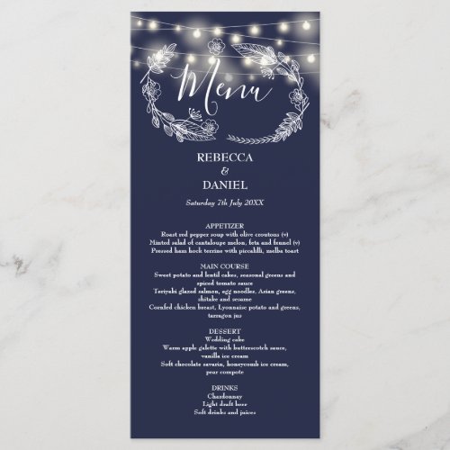 String Lights Floral Navy Blue Wedding Menu