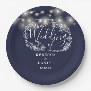 String Lights Floral Navy Blue Wedding Paper Plates