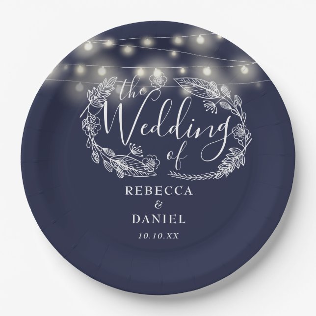 String Lights Floral Navy Blue Wedding Paper Plates (Front)