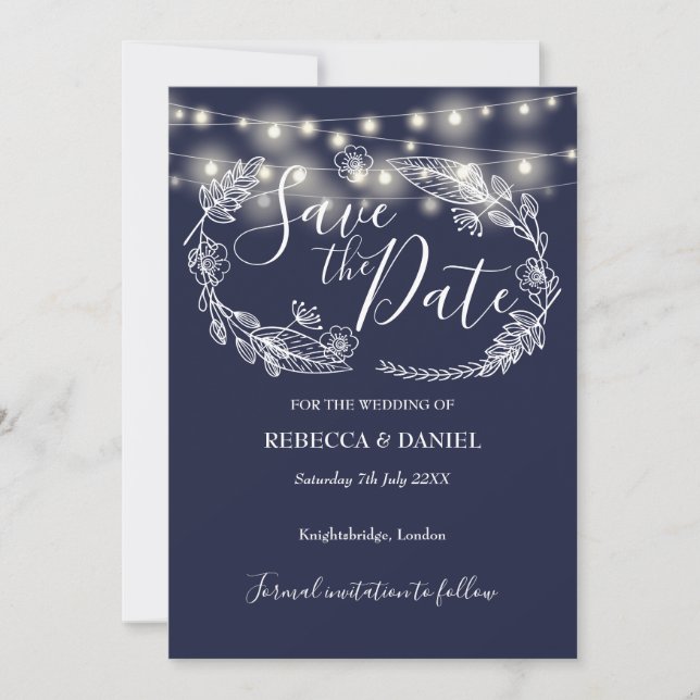 String Lights Floral Navy Blue Wedding Save The Date (Front)