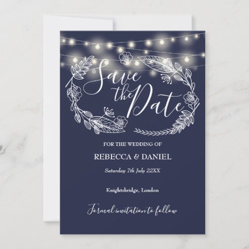 String Lights Floral Navy Blue Wedding Save The Date