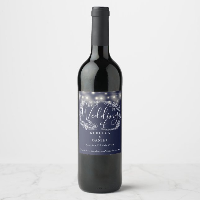 String Lights Floral Navy Blue Wedding Wine Label (Front)
