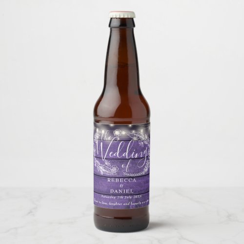String Lights Floral Purple Rustic Wood Wedding Beer Bottle Label