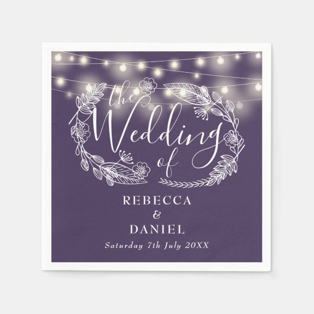 String Lights Floral Purple Script Wedding Napkins (Front)