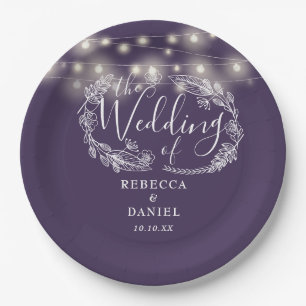 String Lights Floral Purple Script Wedding Paper Plates