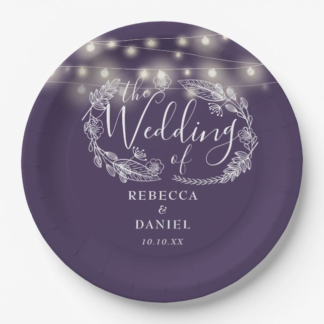 String Lights Floral Purple Script Wedding Paper Plates (Front)