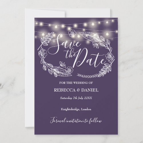 String Lights Floral Purple Wedding Save The Date
