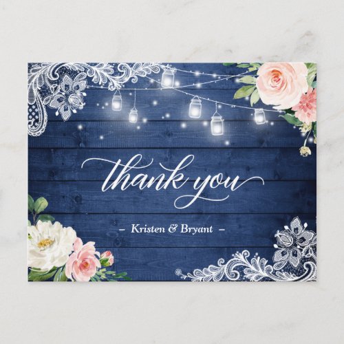 String Lights Floral Rustic Blue Wedding Thank You Postcard - This exclusive Rustic Thank You Postcard features Mason Jar String Lights and Blush Watercolor Peonies on a Blue Wood Grain background. Customize this template to be uniquely yours to express your appreciation to your guests, friends and family. 
(2) For further customization, please click the "customize further" link and use our design tool to modify this template. 
(3) If you need help or matching items, please contact me.