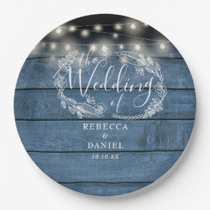 String Lights Floral Rustic Blue Wood Wedding Paper Plates
