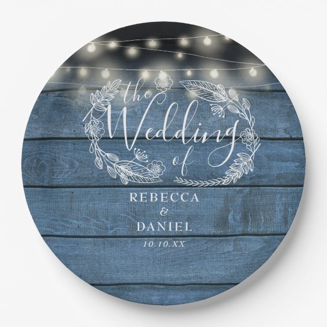 String Lights Floral Rustic Blue Wood Wedding Paper Plates (Front)