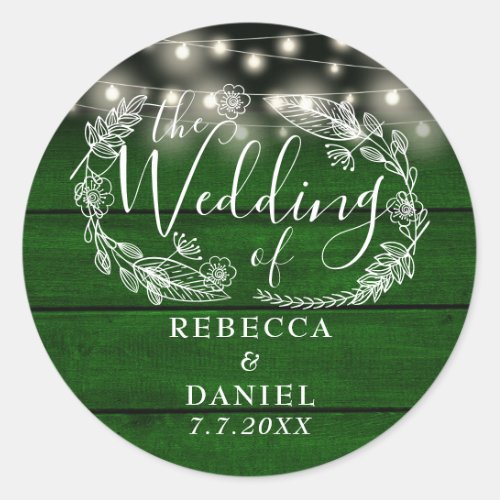 String Lights Floral Rustic Emerald Green Wedding Classic Round Sticker