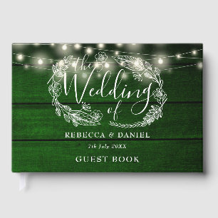 String Lights Floral Rustic Green Wood Wedding Guest Book