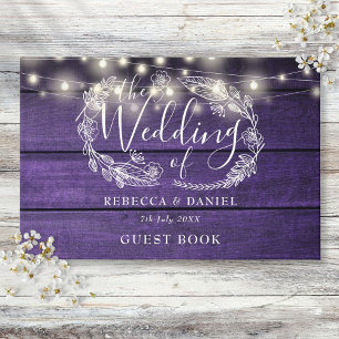String Lights Floral Rustic Purple Wood Wedding Guest Book