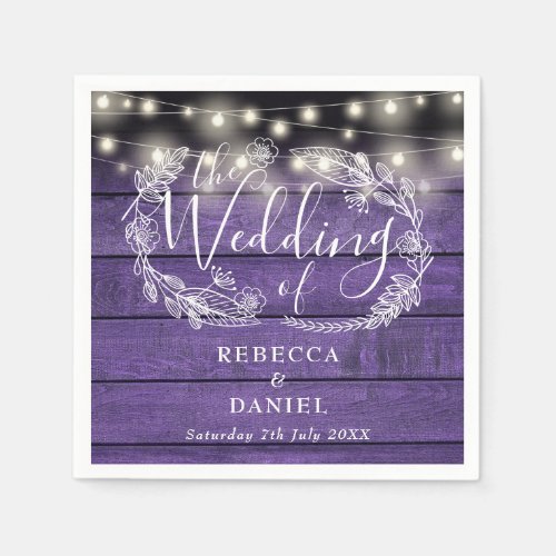 String Lights Floral Rustic Purple Wood Wedding Napkins