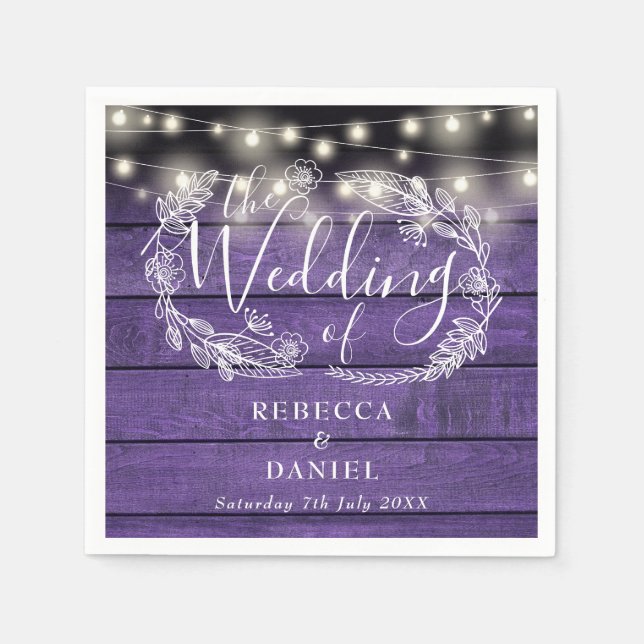 String Lights Floral Rustic Purple Wood Wedding Napkins (Front)