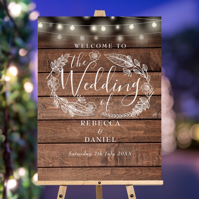 String Lights Floral Rustic Wedding Welcome Sign (String Lights Floral Rustic Wedding Welcome Sign)