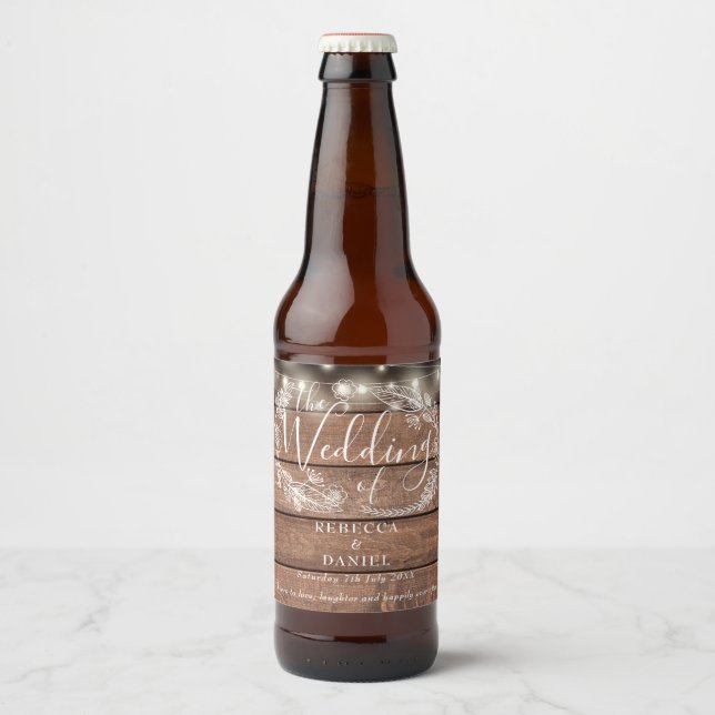 String Lights Floral Rustic Wood Wedding Beer Bottle Label (Front)