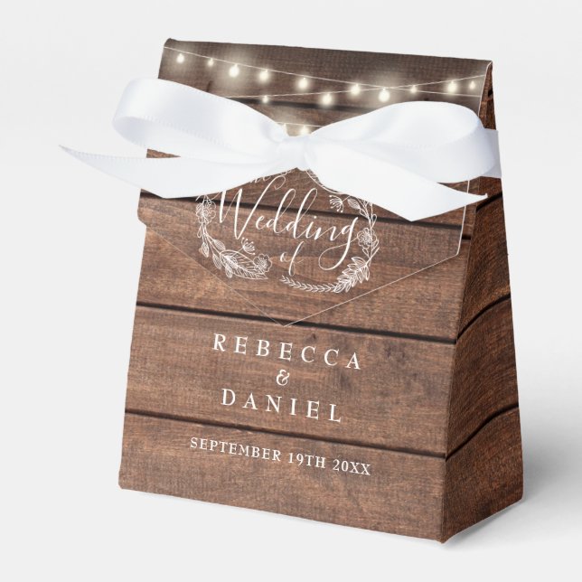 String Lights Floral Rustic Wood Wedding Favor Boxes (Front Side)