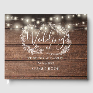 String Lights Floral Rustic Wood Wedding Guest Book
