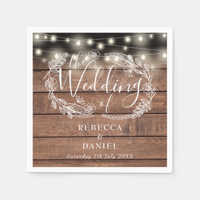 String Lights Floral Rustic Wood Wedding Napkins (Front)