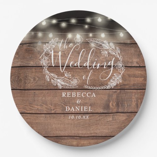 String Lights Floral Rustic Wood Wedding Paper Plates