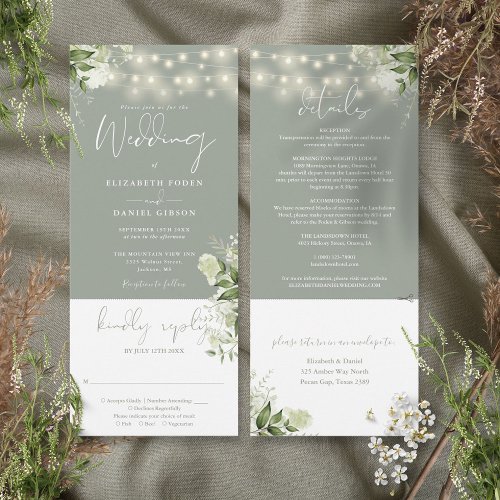 String Lights Floral Sage Green All In One Wedding Invitation