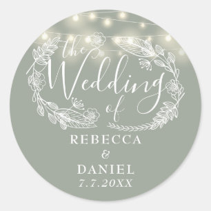 String Lights Floral Sage Green Wedding Classic Round Sticker
