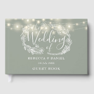 String Lights Floral Sage Green Wedding Guest Book